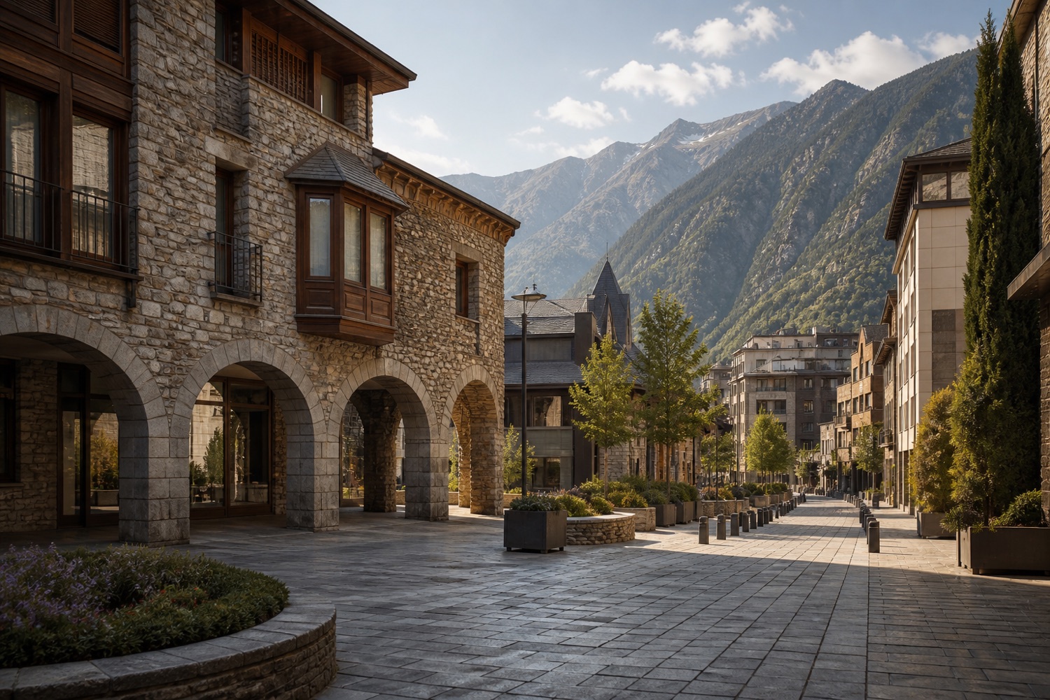 Carrer urbà d'Andorra amb arquitectura de pedra i muntanyes al fons.